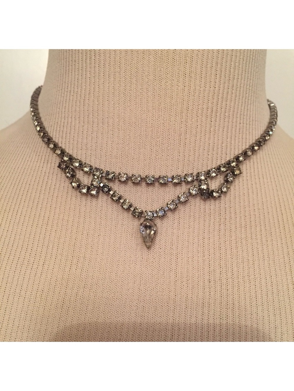 NECKLACE CHOKER VINTAGE RHINESTONE CLEAR SPARKLY 15” STATEMENT